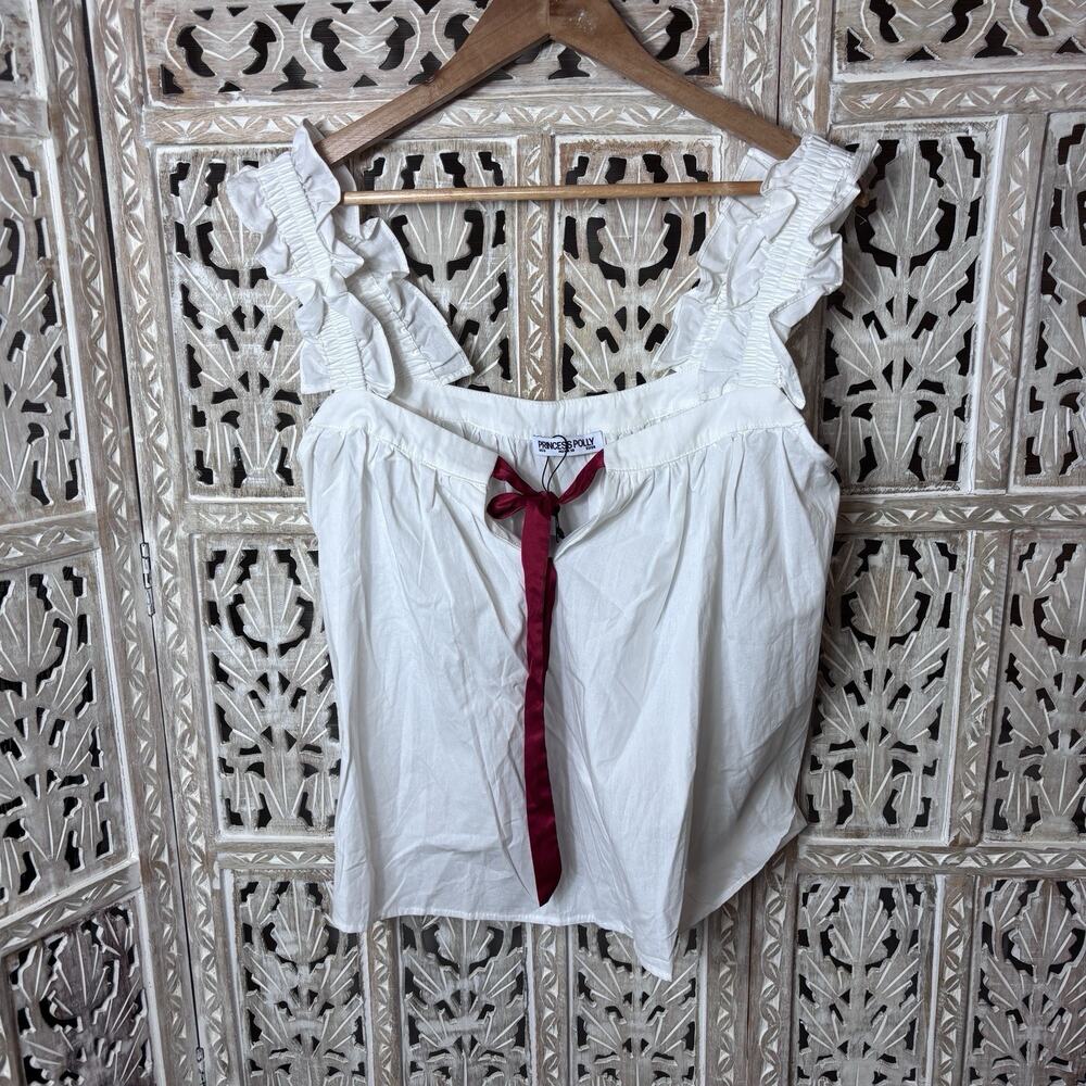 Princess Polly Sweetest Dreams Frills Top White Ruffle Straps Red Tie Babydoll 6
